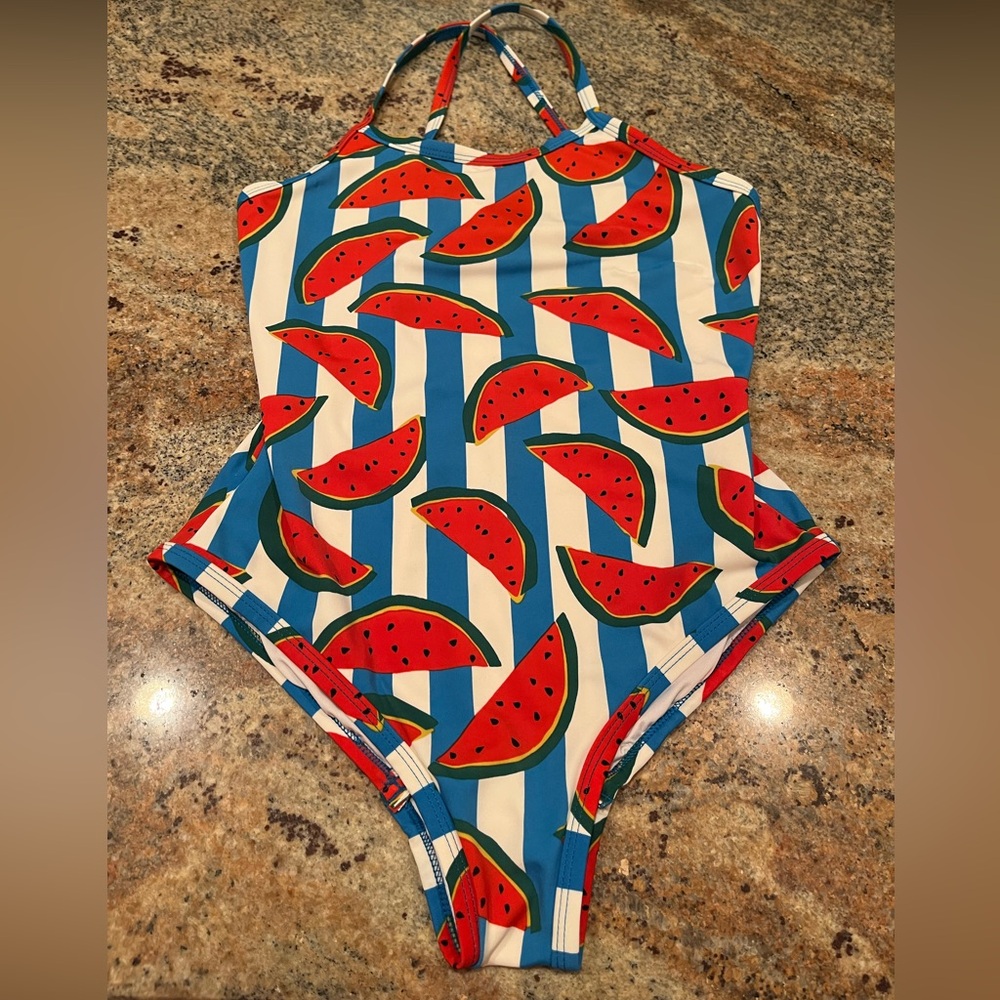 Hannah Andersson girls watermelon stripe swimsuit size 12